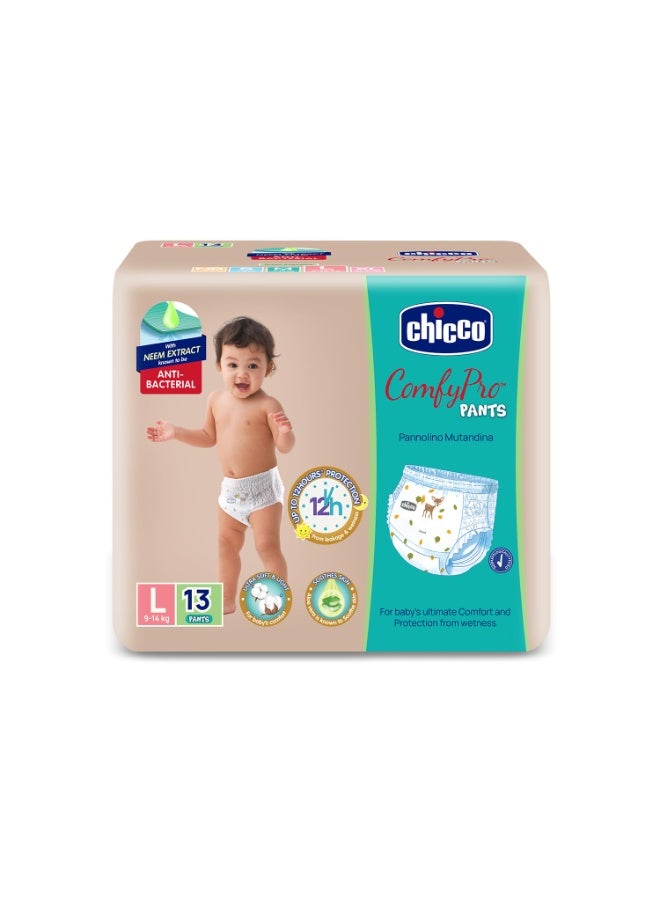 شيكو Chicco Comfy-Pro Pant Style Baby Diapers | Anti-bacterial benefits | Ultra Soft & 12hrs protection | Wetness indicator & Disposing Tapes - Large, 13 Count, 9-14 Kg - Image 1